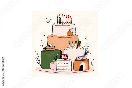 Whimsical multi-tiered birthday cake with candles and pastel decorations