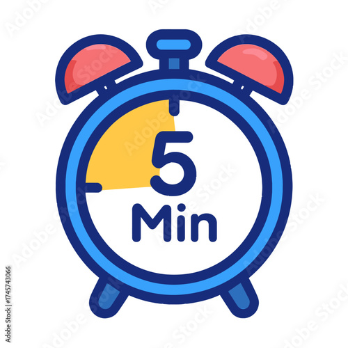 Digital 5-Minute Timer Alarm Clock Icon for Quick Breaks & Productivity Focus. Ideal for Time Management, Short Reminders, or Pomodoro Technique Sessions. A Vibrant Blue & Yellow Pictogram Illustratio