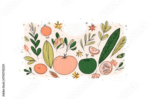 Colorful botanical pattern with fruits and leaves on white background