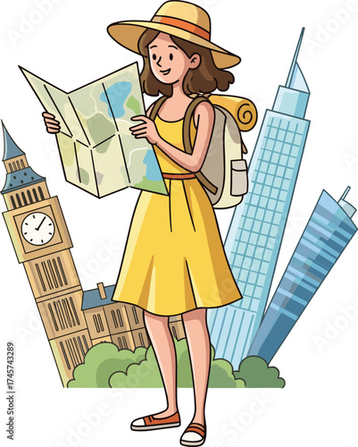 Tourist illustration, cartoon traveler, yellow dress, sunhat woman, holding map, global landmarks, backpack gear, vector clipart, vacation theme, international scene