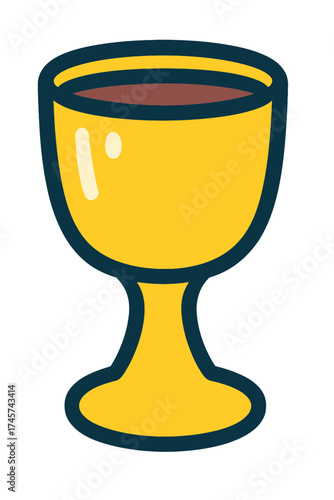 Golden chalice icon vector illustration with dark liquid, simple cartoon style, perfect for religious symbols, fantasy game assets, celebration graphics, ancient treasures, or communion design on a de