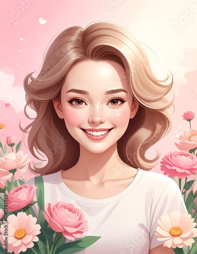 Portrait of a smiling woman surrounded by pink flowers