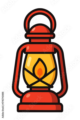 Vibrant cartoon kerosene lantern illustration, showcasing a warm yellow glow and lively orange flame, perfect for digital art, camping, outdoor adventures, vintage designs, emergency lighting, and coz