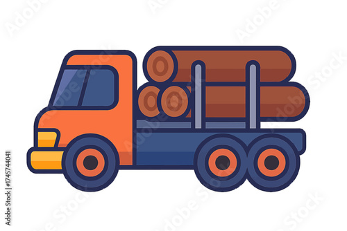 Flat design illustration of an orange and blue logging truck carrying brown wooden logs. This modern vehicle icon, set on a dark background, represents timber transport, forestry, haulage, and wood in