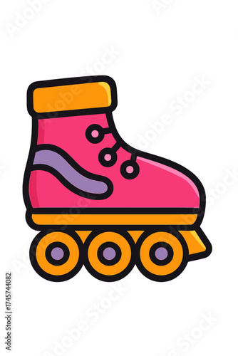 Vivid pink inline roller skate illustration, a playful cartoon graphic with bright orange trim and three wheels. This retro design captures the joy of skating, ideal for active lifestyle content, chil