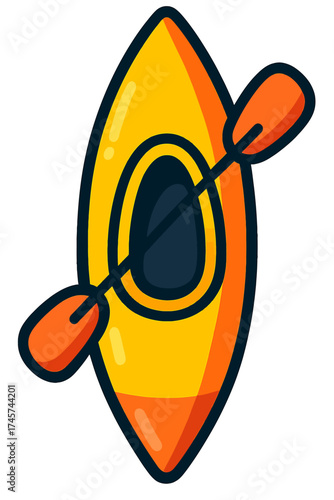 Vibrant yellow kayak with an orange paddle, perfectly illustrating the thrill of outdoor adventure and exciting water sports. This clean, modern graphic design captures the serene essence of kayaking,