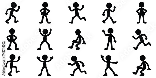 Cartoon stickman in playful motion performing running and jumping poses representing fun, activity, fitness, and energetic lifestyle concepts