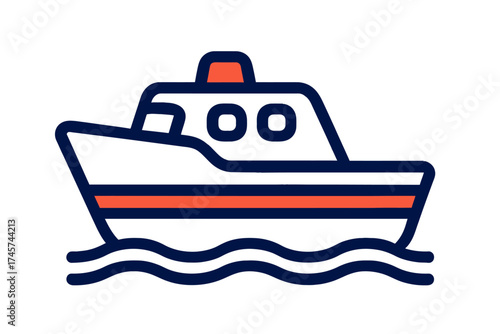 Modern minimalist boat icon: a sleek white motorboat with a vibrant red stripe, light blue cabin, and red top, gracefully cruising on stylized blue waves. Ideal for web graphics, app design, or nautic