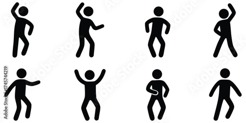 Stickman dancing in various energetic poses representing celebration, movement, fun, and rhythm for dance, party, and performance concepts