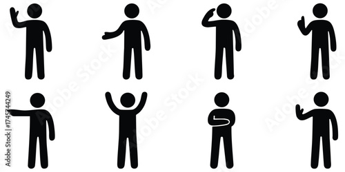 Stickman performing hand gestures and body poses showing different expressions for communication, approval, confusion, and conversation concepts