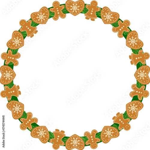 Christmas gingerbread wreath with hearts and cookie figures. Vector clipart.