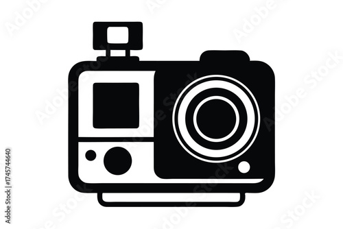 Black Silhouette of a PointandShoot Camera with a Flash Unit and Lens Details