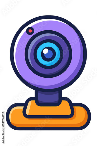 Vibrant flat design webcam illustration in eye-catching purple and blue, ideal for digital communication, video conferencing, live streaming, and virtual meetings. This modern vector graphic features