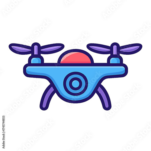 Modern blue cartoon drone icon with glowing purple propellers, red top, camera lens. Ideal for tech, aerial photography, UAV, remote control flight. This stylized quadcopter illustration is perfect fo