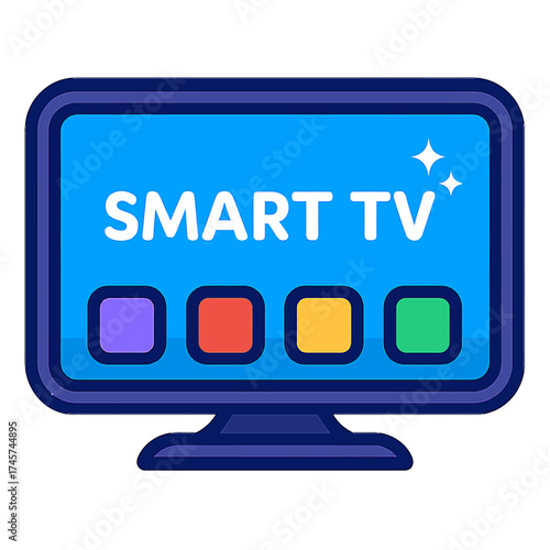 Vibrant Smart TV icon with blue screen, "SMART TV" text, and sparkles. Four colorful app buttons denote easy access to streaming, digital content, and multimedia applications, symbolizing an intuitive