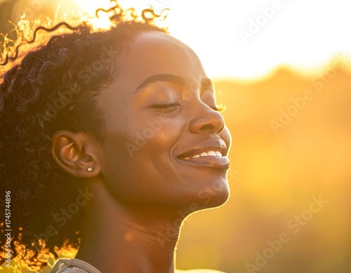 Portrait of a smiling woman with closed eyes, bathed in sunlight