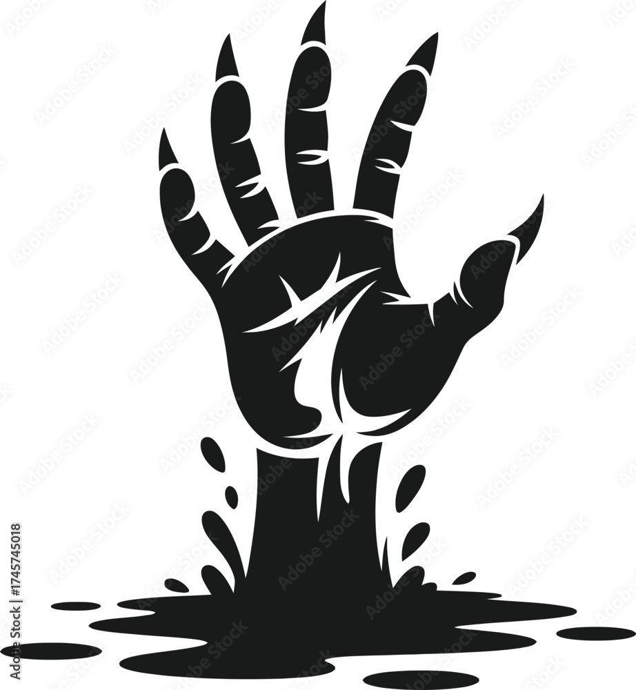 Obraz premium Emerging zombie hand from grave dirt spooky design on transparent background silhouette