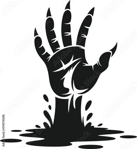 Emerging zombie hand from grave dirt spooky design on transparent background silhouette