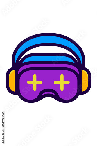 Neon VR Gaming Headset Icon: A vibrant, futuristic digital emblem featuring stylized purple goggles with glowing yellow plus signs for eyes, bright blue headband, and yellow ear sections, perfect for