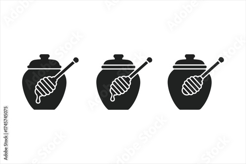 Three honey pots with dippers icon set sweet natural food ingredient isolated graphic design elements