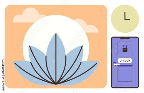 Blue lotus flower under soft sunlight, symbolizing serenity and balance, paired with a locked purple door signifying challenges and opportunities. Ideal for mindfulness, meditation, transformation