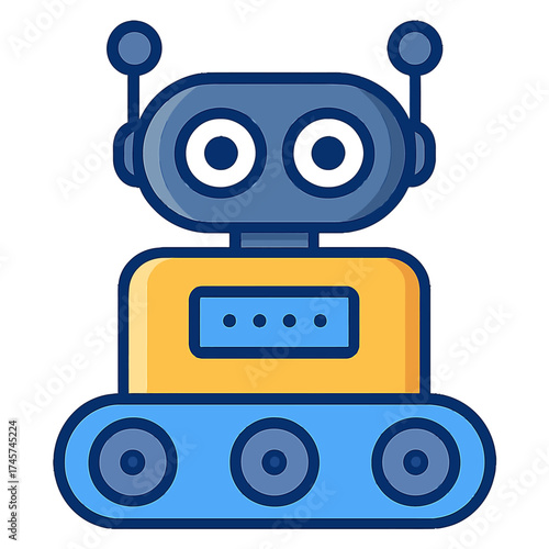 Cute blue & yellow robot icon with tracks, display & antenna. Perfect for AI, tech, automation, futuristic digital design. This vector graphic embodies artificial intelligence, machine learning, & adv