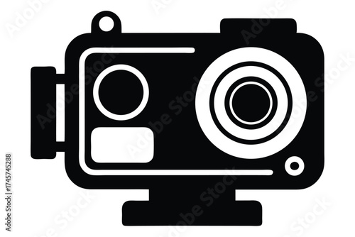 Black and White Camera Icon Depicting Lens, Viewfinder, and Compact Design