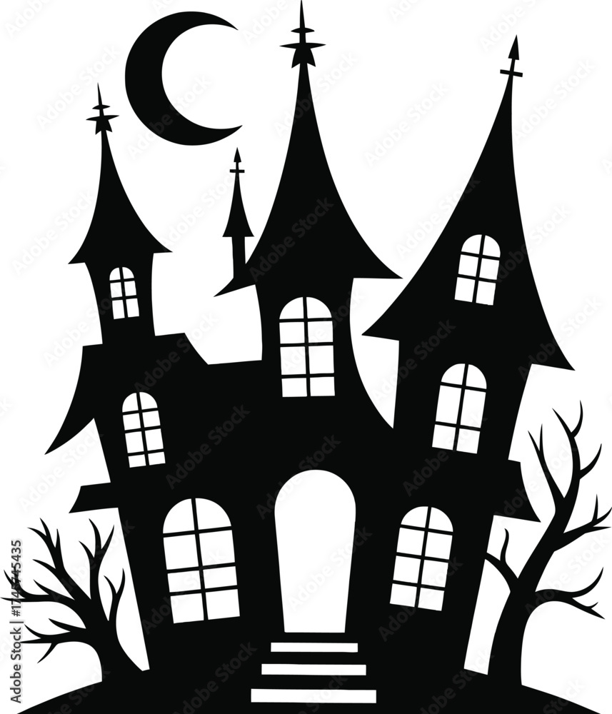 Fototapeta premium Spooky haunted castle with crescent moon and stars on transparent background silhouette