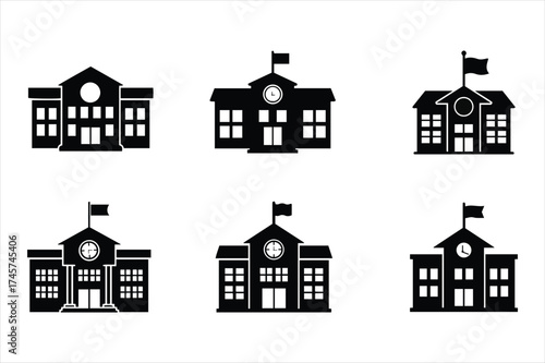 Set of six stylized school building icons representing education and institutions