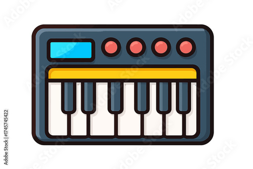 Vibrant Cartoon Electronic Keyboard Synthesizer Icon for Digital Music Production, Sound Design, Live Performance. Modern Vector Graphic of a Musical Instrument with Piano Keys, Display, and Controls,