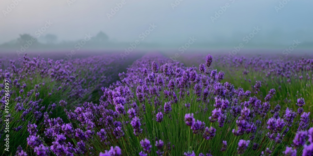 Obraz premium Lavender field under misty dawn, purple hues stretching into the distance.