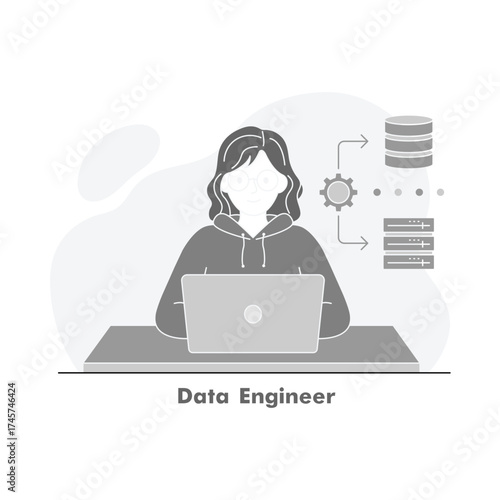 Female Data Engineer Working on Laptop Illustration Icon