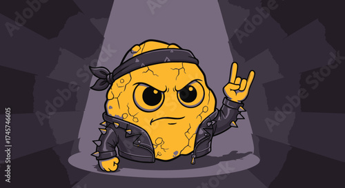 Illustrated tough yellow rockstar character in a black leather jacket making a hand gesture on a dark stage with a spotlight, vector design art