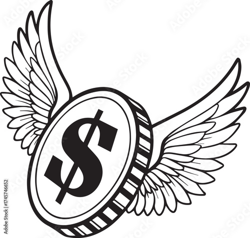 Black and white illustration of a flying dollar coin with wings money currency