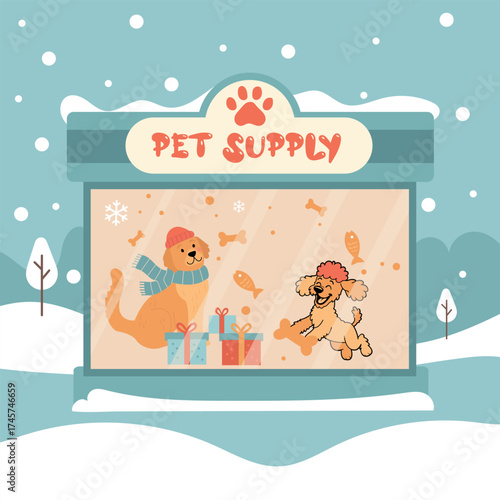 A pet supply store with dogs in winter and gifts in the window display