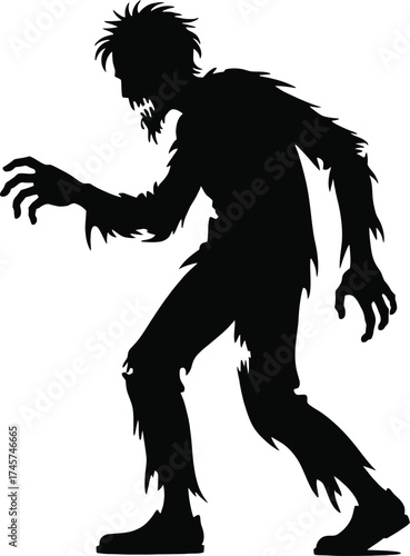 Creepy zombie creature walking forward black design ideal for halloween on transparent background silhouette