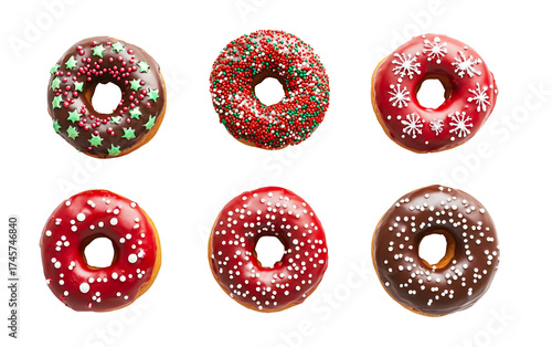 Assorted holiday doughnuts decorated with Christmas patterns and vibrant sugar toppings for festive celebrations isolated on transparent background PNG