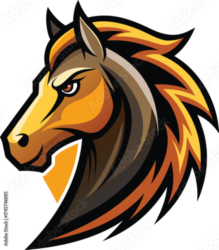 Aggressive horse head with orange and yellow flame-like mane