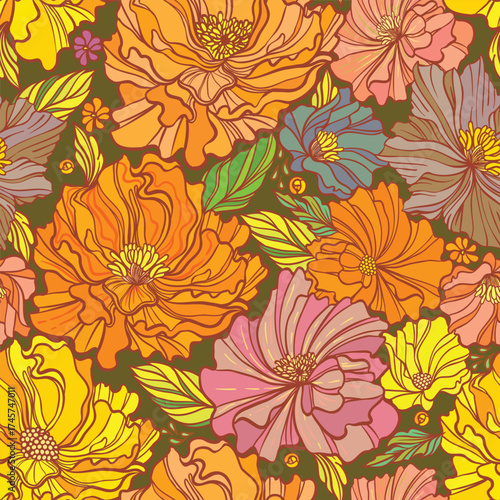 Bright seamless pattern with abstract flowers in fresh color palette. Endless...