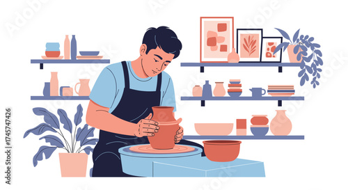 A skilled artisan shaping clay on a pottery wheel in a bright studio with shelves of ceramic works.