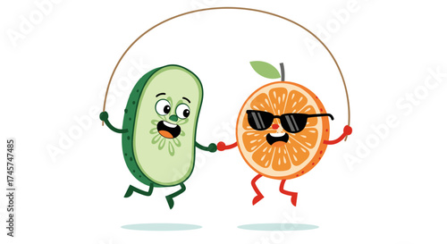 A happy cucumber and a cool orange are jumping rope together while having fun outdoors.