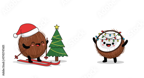 Cute cartoon coconuts celebrating the holidays with festive decorations and skiing.