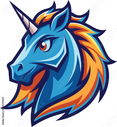 Blue and Orange Unicorn Head Mascot horse mythical creature