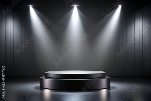 Illuminated stage podium with spotlights in the dark background