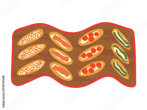 Canape board vector illustration. Mini open sandwiches, toasts with red caviar, salmon, cherry tomato served on wooden plate isolated on white background. Festive appetizer for party, Christmas