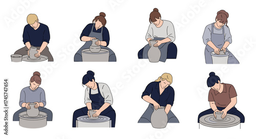 Illustrations of people practicing pottery on a spinning wheel learning the craft.