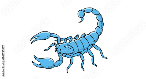 A striking blue scorpion with its tail curled up in a menacing pose ready to strike.