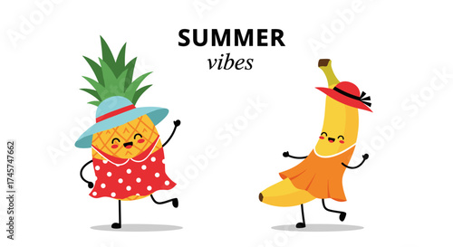 Happy summer vibes with dancing tropical fruits in cute outfits