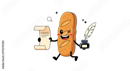 A charming cartoon baguette character holding a scroll and quill pen with an inkwell.