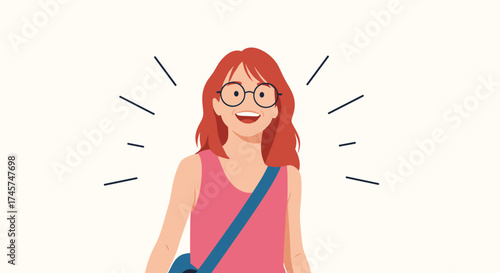 A cheerful young woman with red hair and glasses smiles broadly wearing a pink top and a blue crossbody bag.